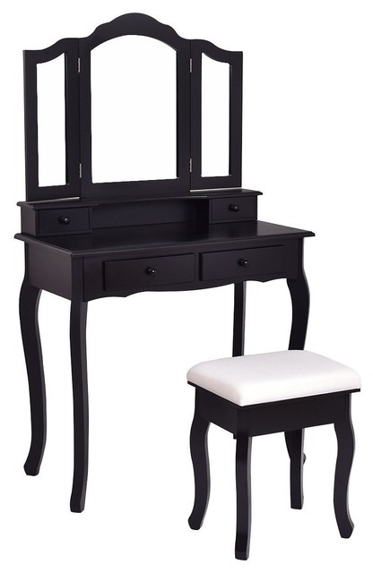 Elegant 4 Drawers Wood Mirrored Vanity Dressing Table With Stool
