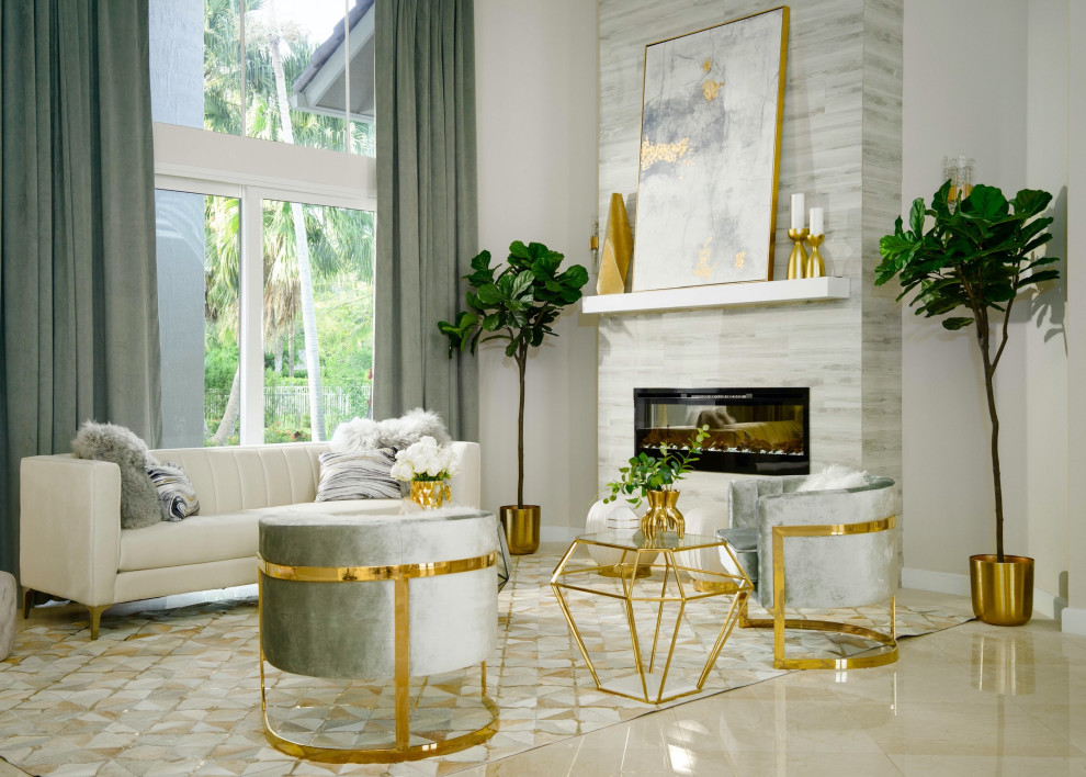 Design ideas for a mid-sized contemporary formal open concept living room in Miami with a hanging fireplace, a tile fireplace surround and beige floor.