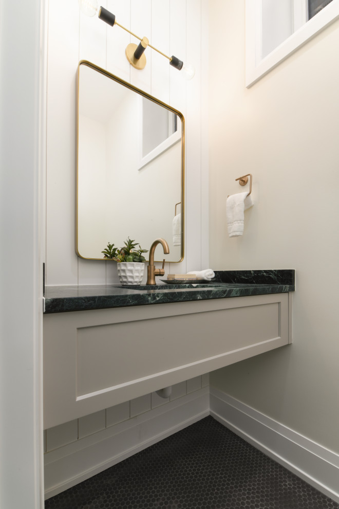 Design ideas for a medium sized traditional cloakroom in Chicago with shaker cabinets, grey cabinets and a floating vanity unit.