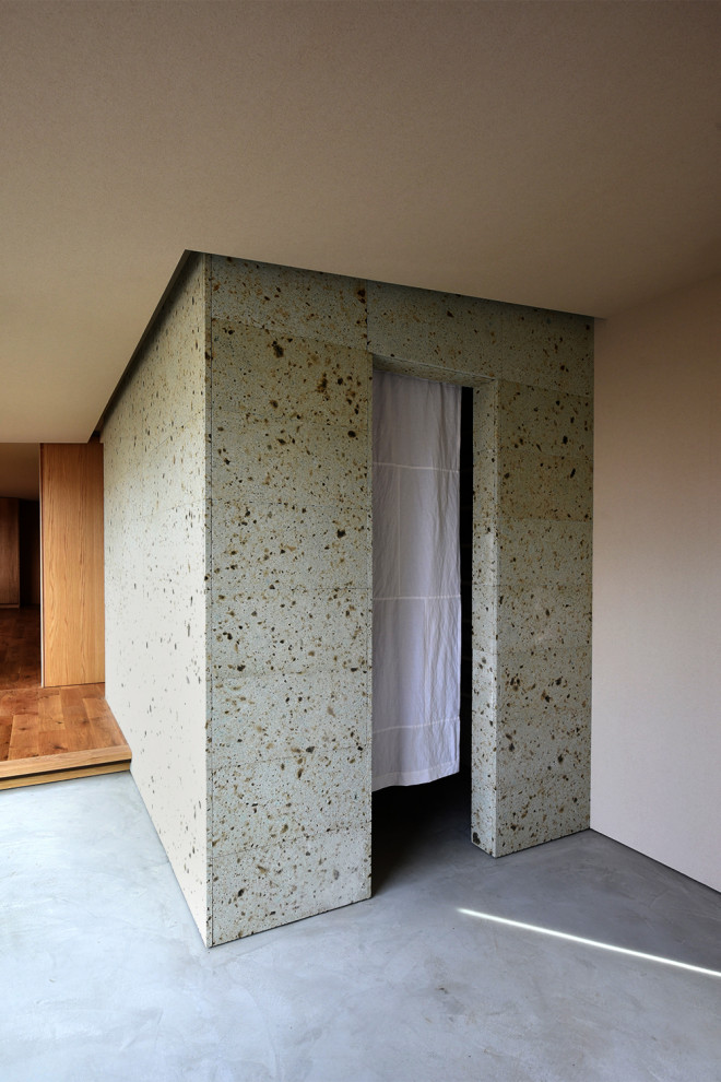 Idées déco pour une grande entrée éclectique avec un couloir, un mur gris, parquet clair, une porte simple et une porte en bois clair.