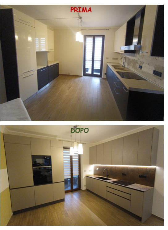 Restyling Cucina sostituzione Ante, Top HPL, Cappa, Lavello e aggiunta Colonna