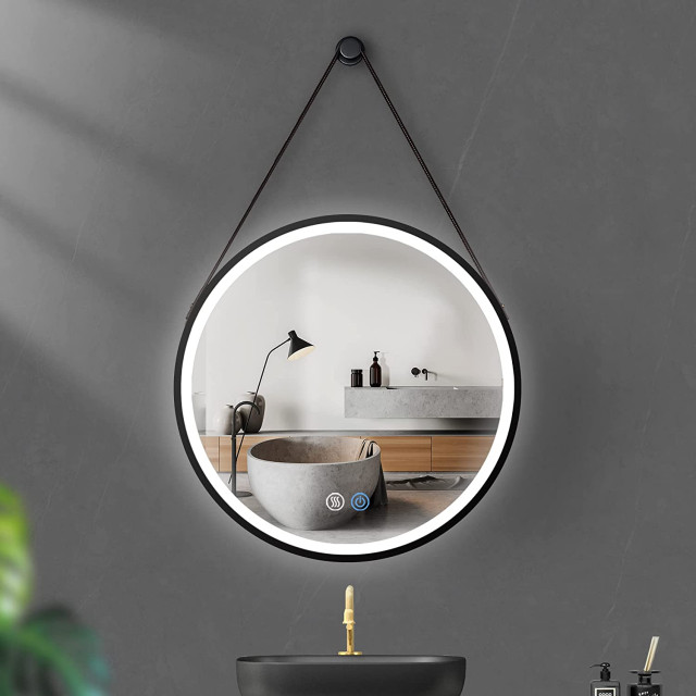 24" Round Framed LED Bathroom Mirror With Leather Strap AntiFog