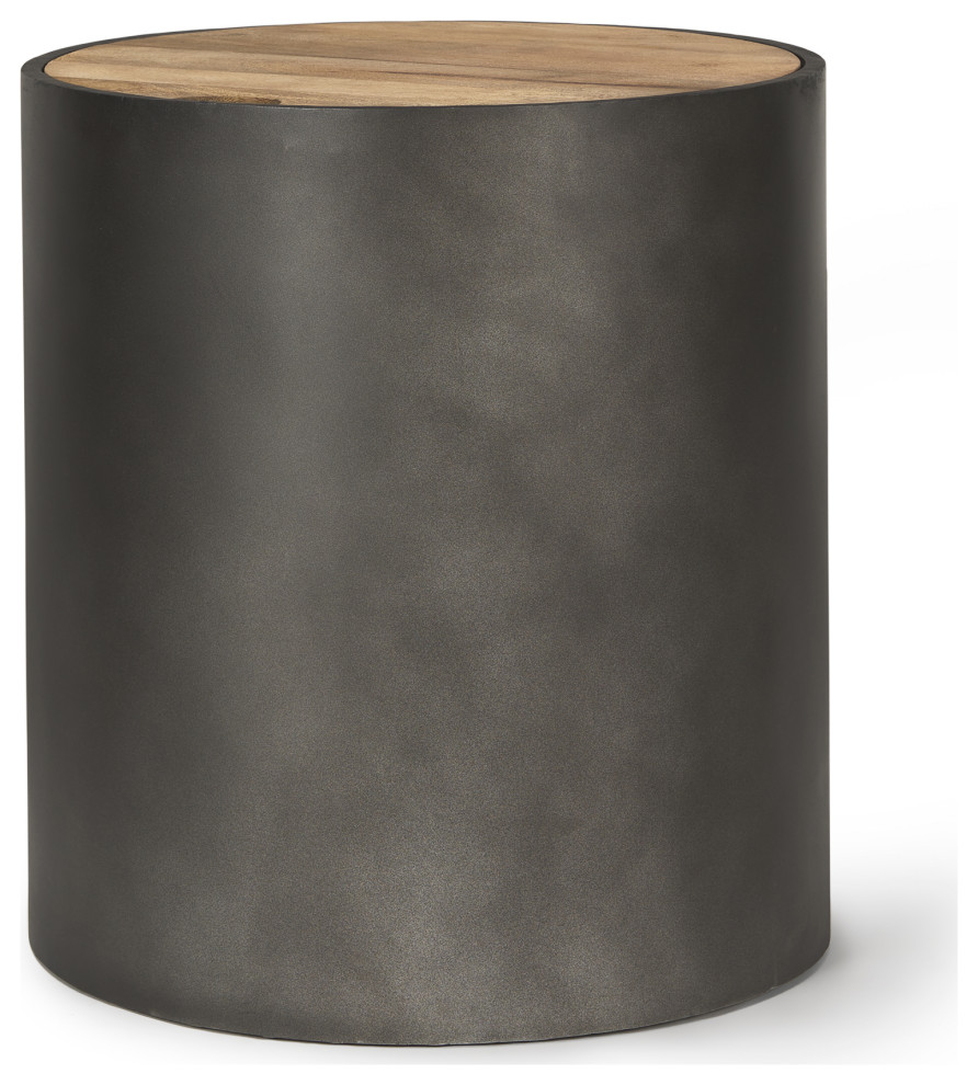 Eclipse Gunmetal Gray Drum Base With Brown Wood Top End/Side Table