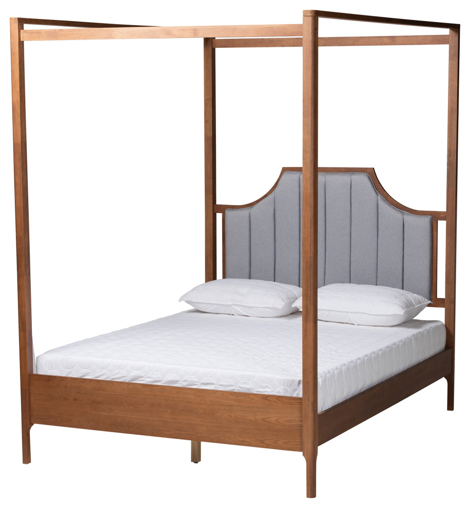 Dakota Light Grey Fabric and Ash Walnut Wood Queen Size Platform Canopy