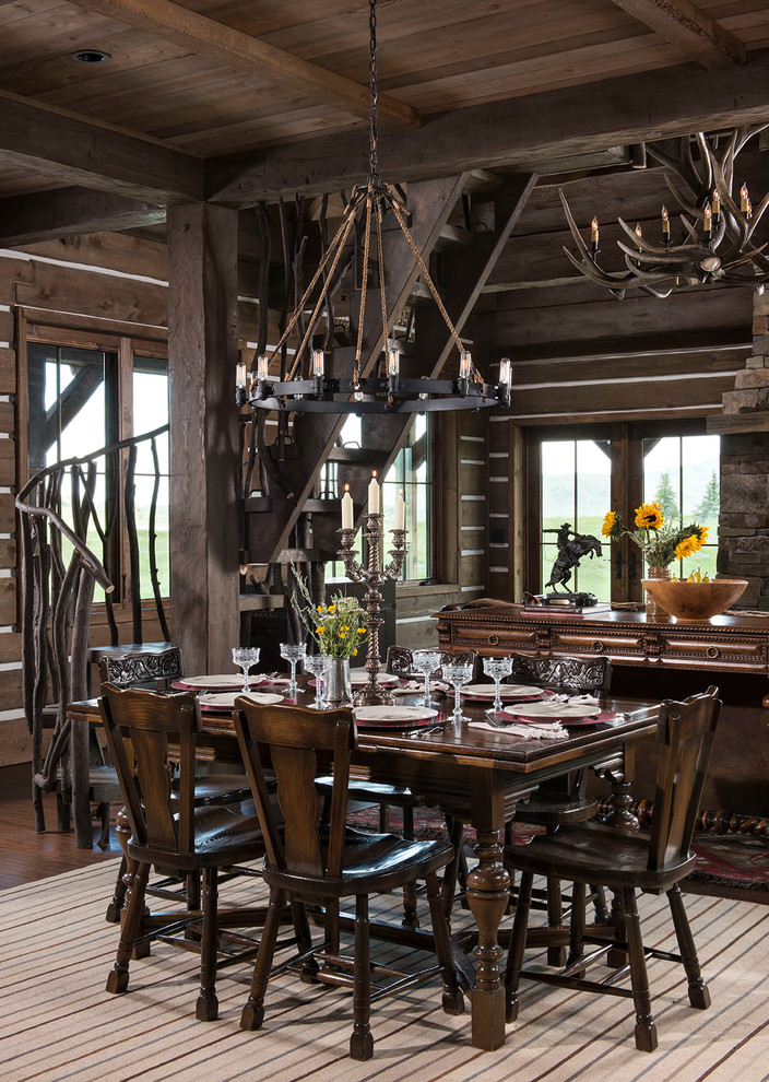 Mid-sized country open plan dining with brown walls.