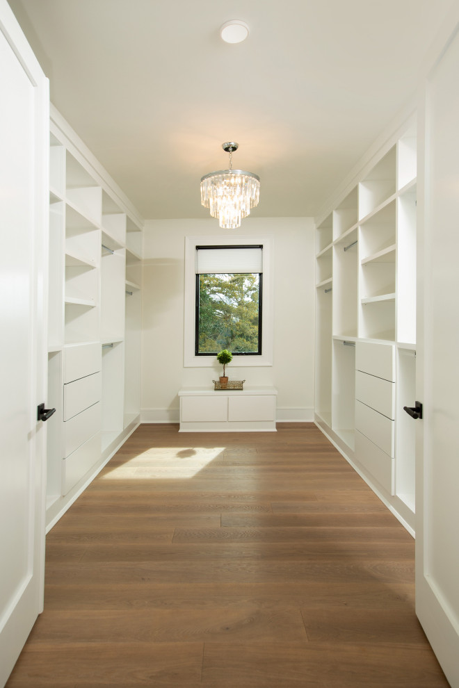 Design ideas for an expansive transitional storage and wardrobe in DC Metro with flat-panel cabinets, white cabinets and light hardwood floors.