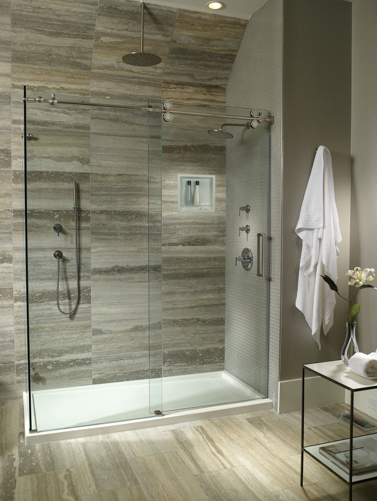 This is an example of a large transitional master bathroom in Other with an alcove shower, beige tile, stone slab, beige walls, porcelain floors and beige floor.