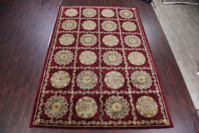 Transitional Aubusson Hand Knotted Oriental Indian Area Rug Red