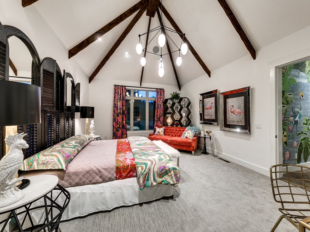 Inspiration for an eclectic master bedroom in Oklahoma City with white walls and carpet.