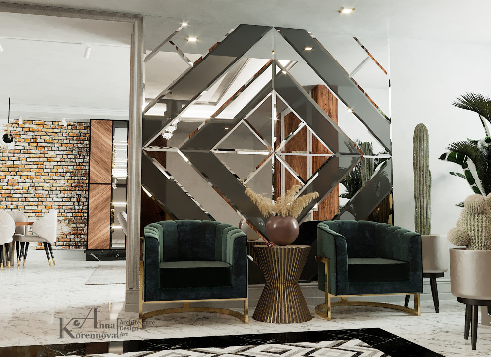 Интерьер кухни-столовой-гостиной в коттедже Дом с двумя соснами