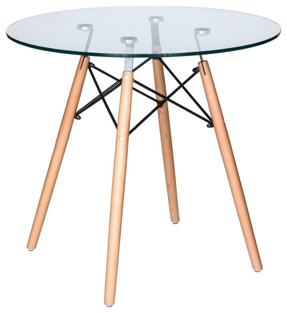 Leisuremod Dover Round Bistro Glass Top Dining Table W/ Natural Wood Eiffel...