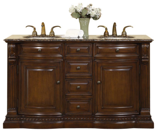 60 Inch Small Walnut Double Sink Bathroom Vanity, Choice of Top, Traditional, Ba