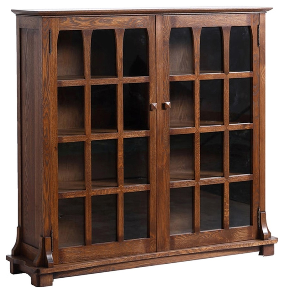 Crafters and Weavers Arts and Crafts Wood Double Door Bookcase in Dark Walnut