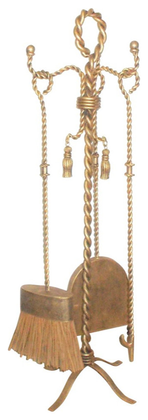 Gold Iron Swag Tassel Fireplace Tool Set Twisted Rope Fire Antique Style