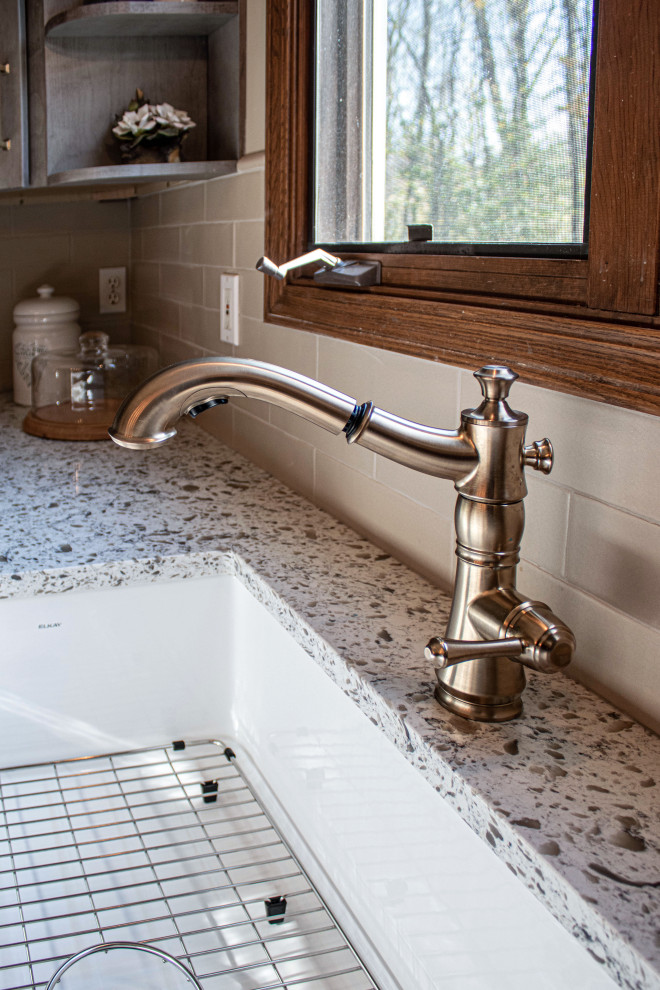 2 Tone Gray Kitchen with Quartz Countertop and Crackle Tile Backsplash ...