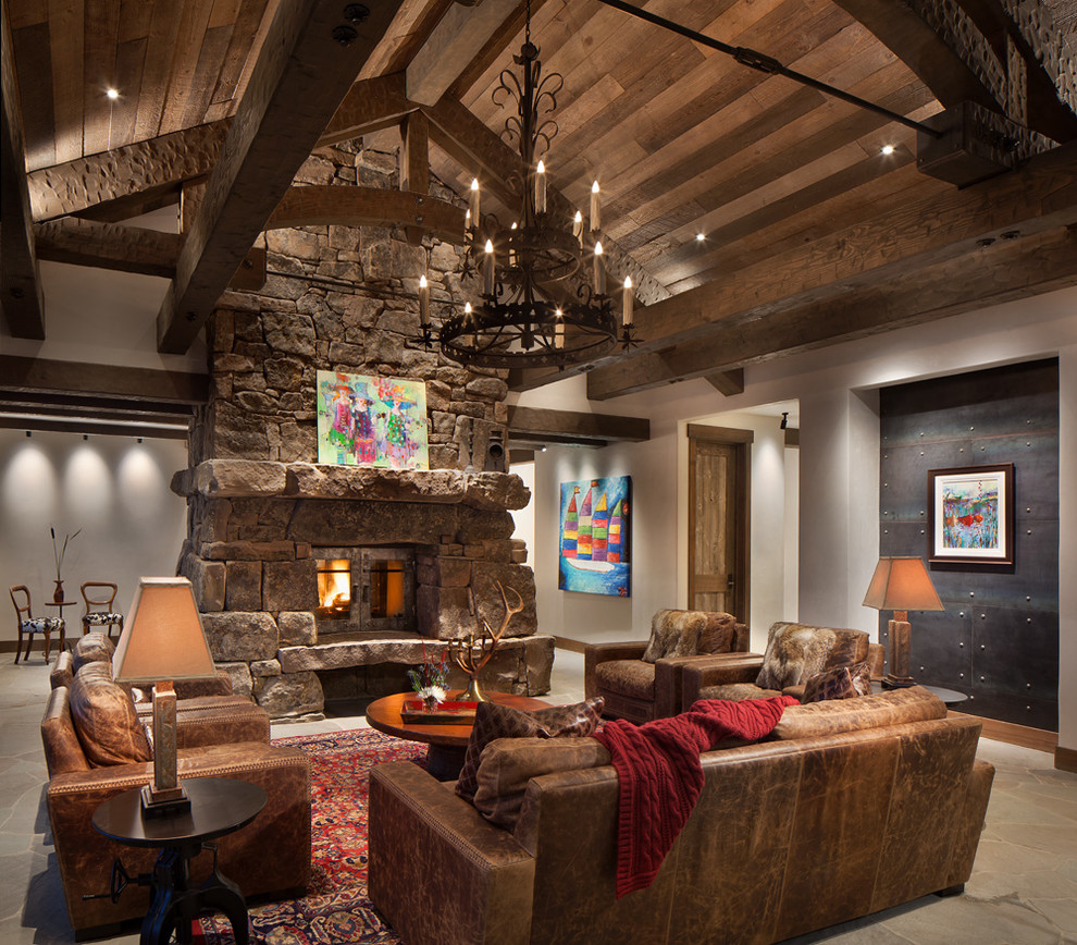 Large country formal open concept living room in Seattle with white walls, a standard fireplace and a stone fireplace surround.