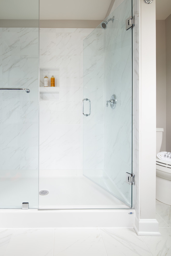 Inspiration for a large eclectic master bathroom in Other with furniture-like cabinets, grey cabinets, an alcove shower, white tile, ceramic tile, grey walls, ceramic floors, an integrated sink, solid surface benchtops, white floor, a hinged shower door and white benchtops.
