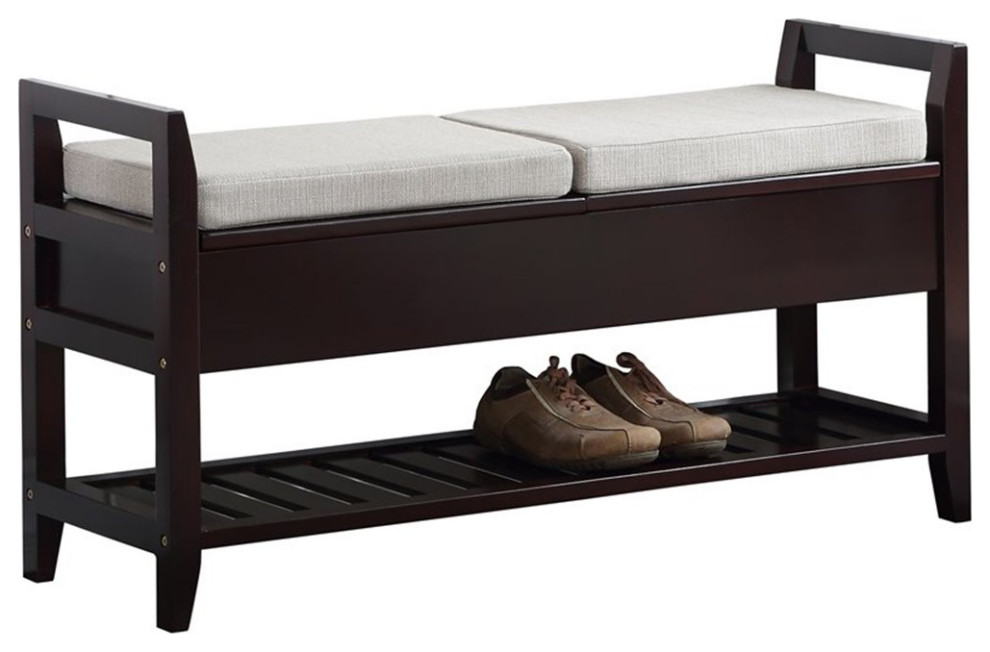 Roundhill Furniture Vannes Wood Storage Shoe Bench in Espresso/Beige