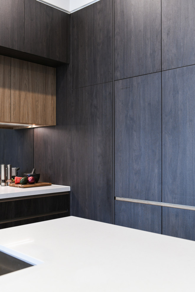 Inspiration for a medium sized contemporary galley kitchen pantry in Sydney with a built-in sink, dark wood cabinets, engineered stone countertops, multi-coloured splashback, mirror splashback, black appliances, an island and white worktops.