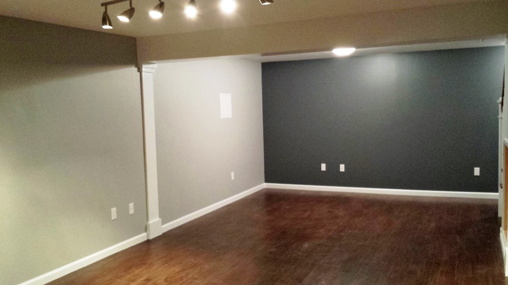 Mid-sized transitional underground vinyl floor and brown floor basement photo with gray walls