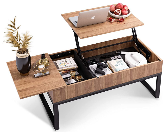 Wood Lift Top Coffee Table with Hidden Storage Compartment Tropical