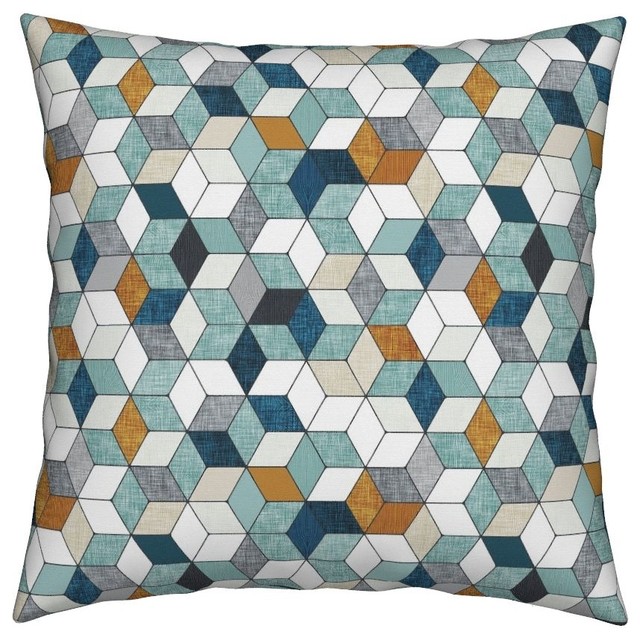 Hexo Teal Geometric Throw Pillow, Linen Cotton
