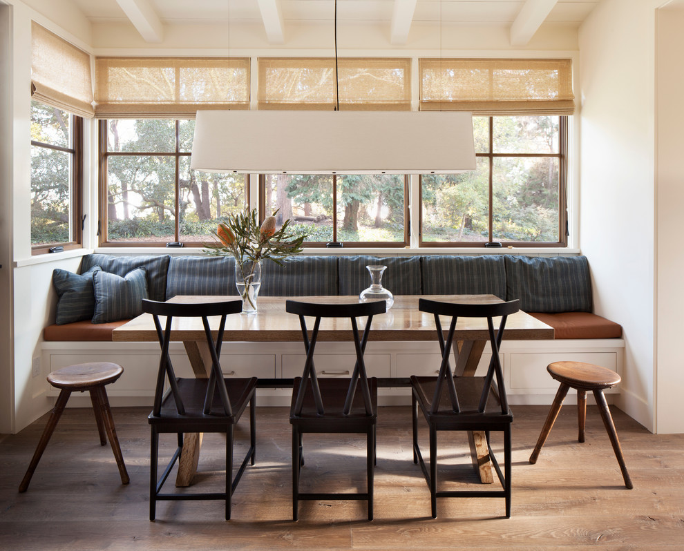 Design ideas for a country dining room in San Francisco with white walls and light hardwood floors.