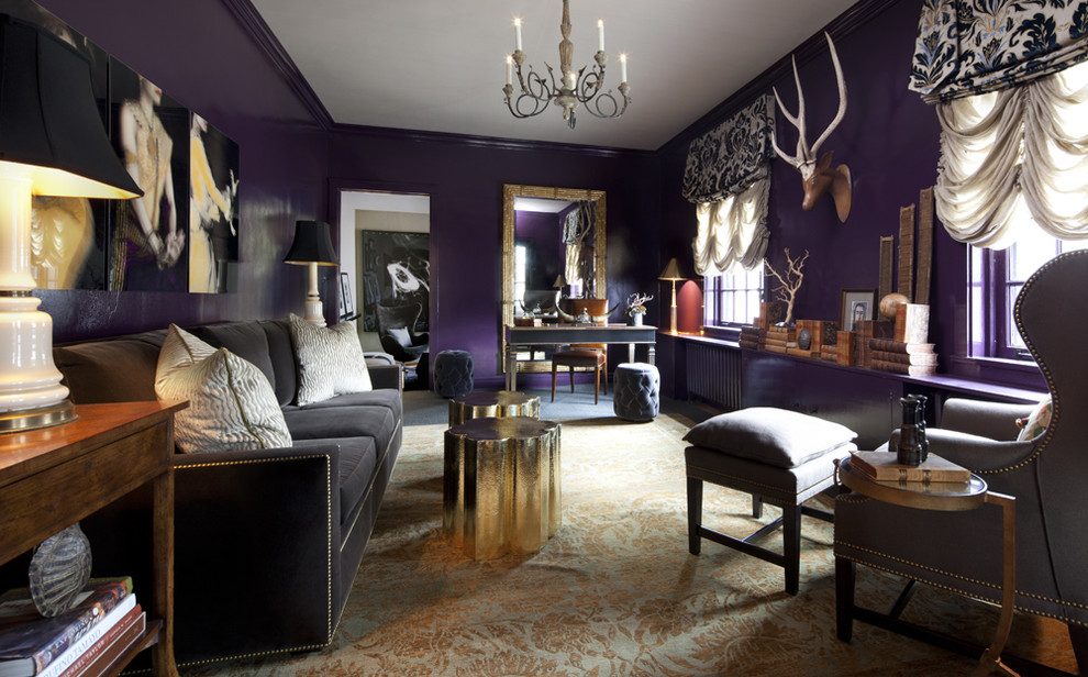 Design ideas for a mid-sized eclectic study room in Chicago with purple walls, carpet, no fireplace and a freestanding desk.