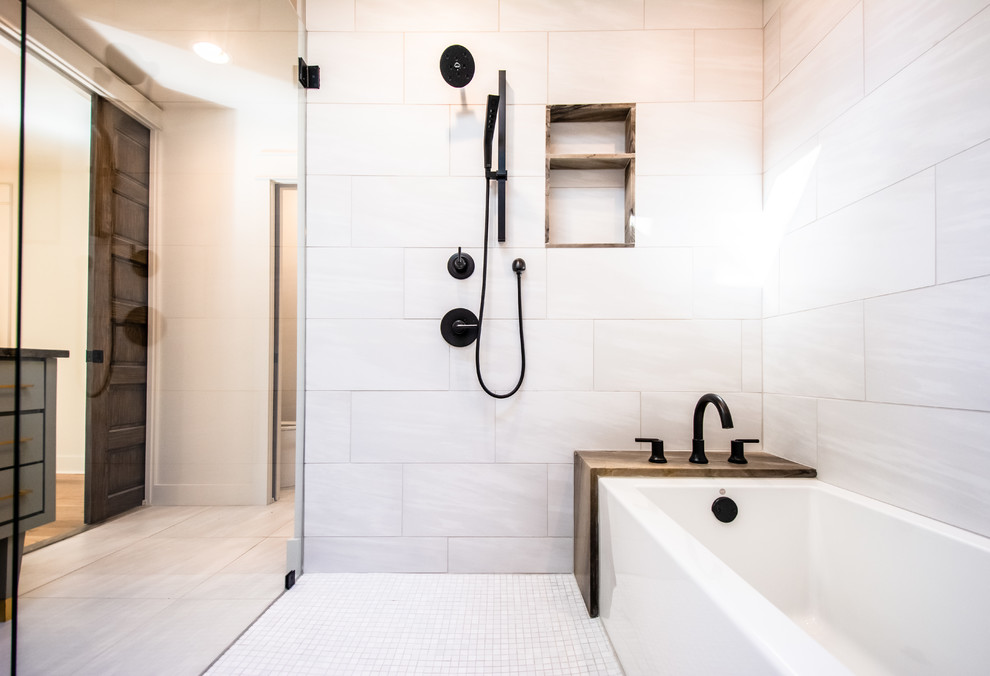 Design ideas for a mid-sized contemporary master bathroom in Atlanta with furniture-like cabinets, an alcove tub, an alcove shower, beige tile, porcelain tile, beige walls, porcelain floors, an undermount sink, beige floor, an open shower and brown benchtops.