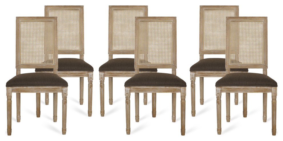 Brownell French Country Wood and Cane Upholstered Dining Chair (Set of 6), Brown