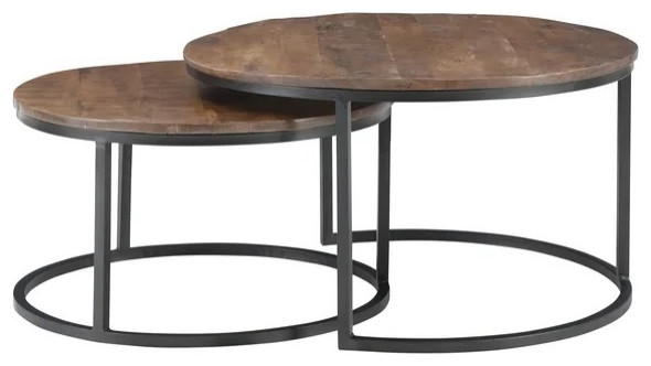 Set of 2, Nesting Coffee Table, Open Frame With Round Wood Top, Black/Brown