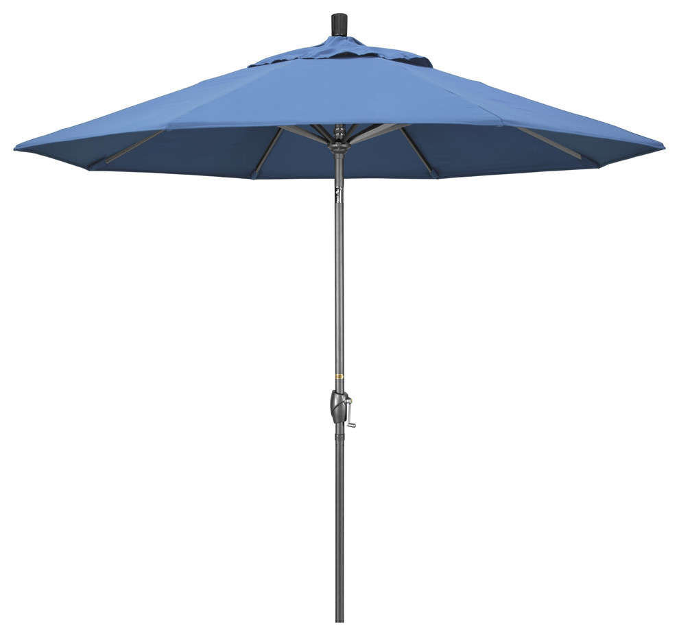 9' Grey Push-Button Tilt Crank Lift Aluminum Umbrella, Olefin, Frost Blue