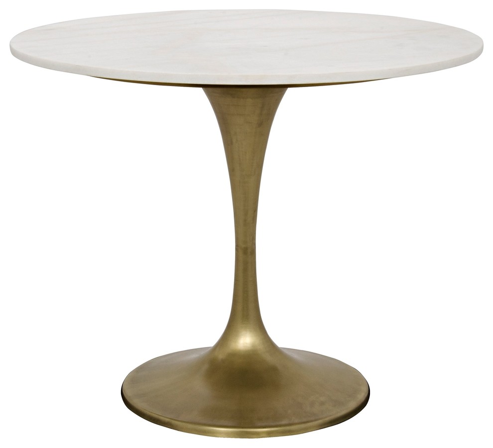 36" Round Dining Table White Quartz Stone Brass Finish Metal Base