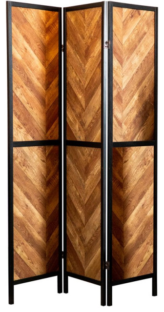 Coaster Farmhouse Wood Herringbone Pattern Three Panels Screen in Tobacco