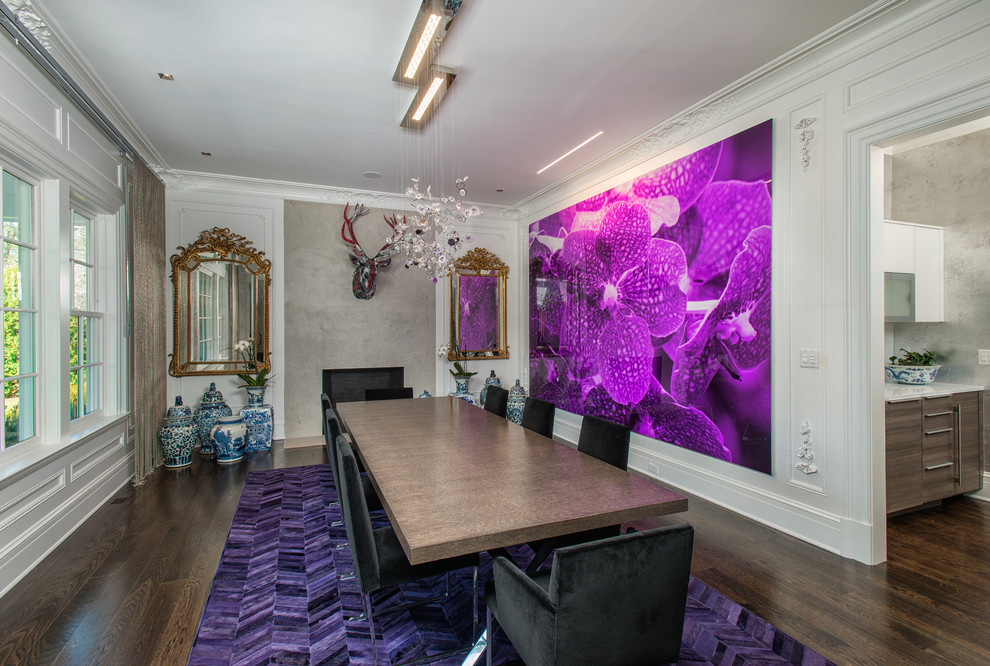 Trendy dark wood floor and brown floor dining room photo in New York with white walls