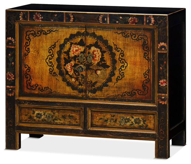 Distressed Chinese Cabinet With Peacock And Floral Art Asian