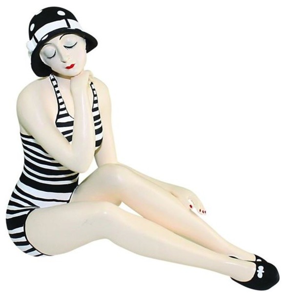 Retro Bathing Beauty Figurine Statue, Swim Suit Woman Black White Stripe Hat
