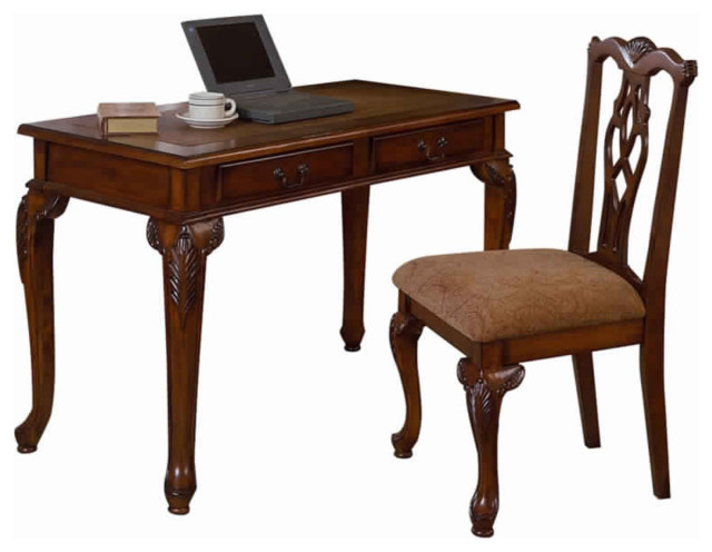 2 Piece Traditional Style Wooden Desk and Chair Set, Brown