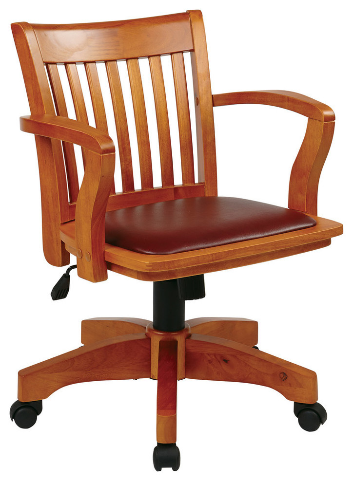 Deluxe Wood Banker's Chair With Vinyl Padded Seat, Fruitwood Brown Finish