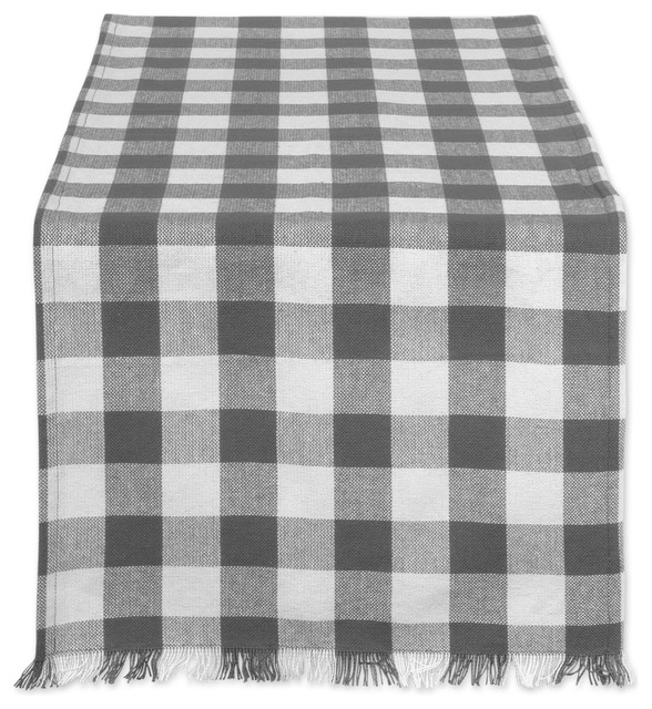 DII Gray Heavyweight Check Fringed Table Runner 14"x108" Farmhouse Table Runners by Design