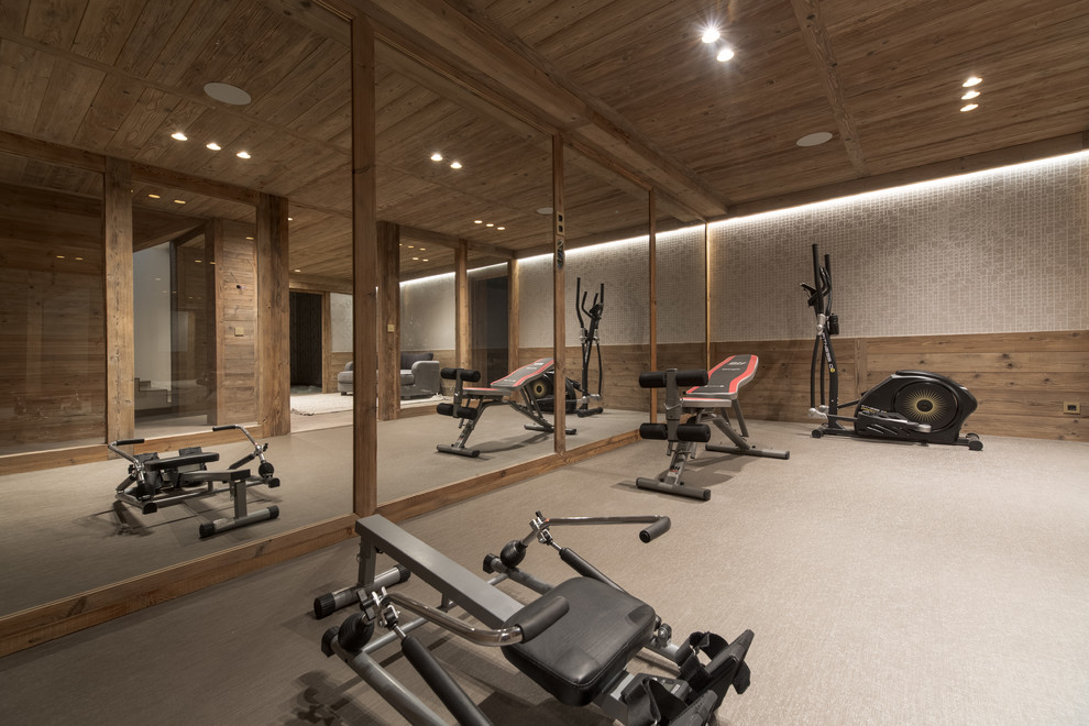 Large country multipurpose gym in Lyon with brown walls, linoleum floors and multi-coloured floor.