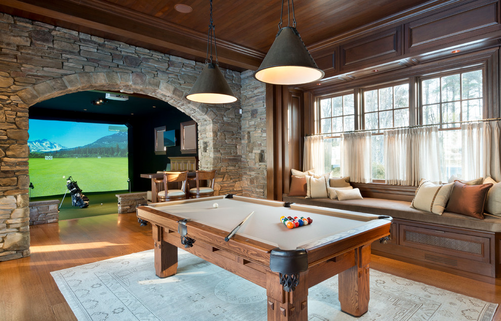 Design ideas for a traditional family room in Boston with a game room and medium hardwood floors.