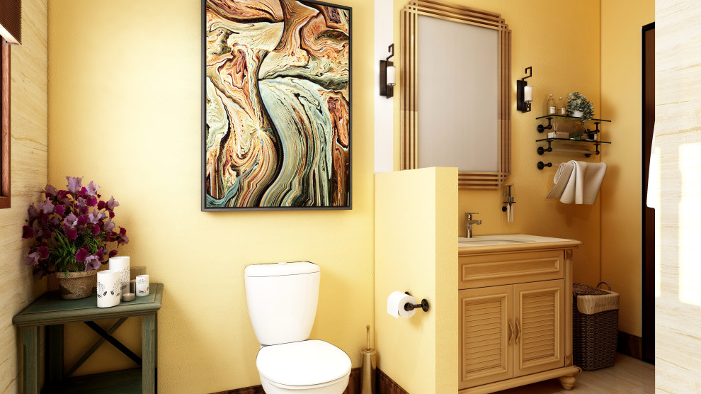 На фото: маленькая ванная комната в классическом стиле с фасадами с филенкой типа жалюзи, светлыми деревянными фасадами, отдельно стоящей ванной, душем над ванной, раздельным унитазом, бежевой плиткой, плиткой из известняка, желтыми стенами, полом из известняка, монолитной раковиной, мраморной столешницей, бежевым полом, шторкой для ванной, белой столешницей, тумбой под одну раковину и напольной тумбой для на участке и в саду с
