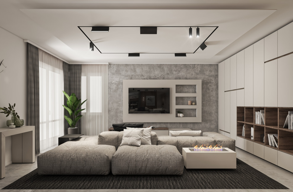 Идея дизайна: большая открытая гостиная комната в современном стиле с белыми стенами, телевизором на стене, серым полом, многоуровневым потолком, панелями на стенах и полом из керамогранита