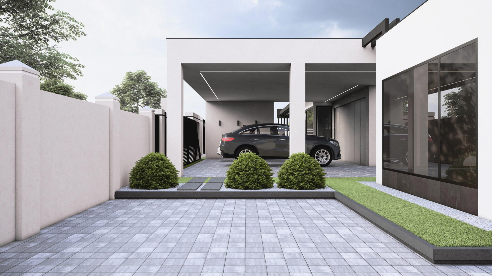 Проект фасада  и ландшафта для дома с плоской крышей