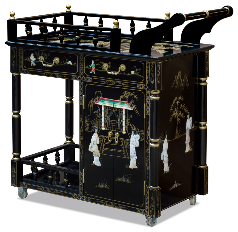 Black Lacquer Mother of Pearl Motif Chinese Tea Cart Asian Bar
