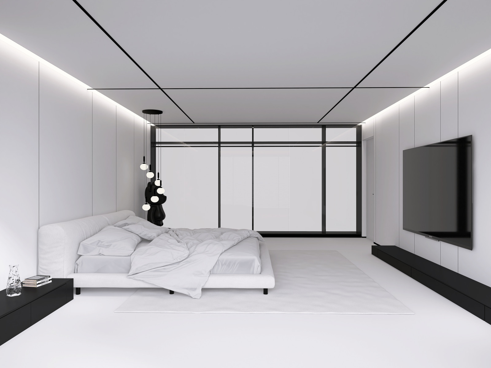 Белая спальня в стиле минимализм.  Основная чертами этой спальни это большая гар