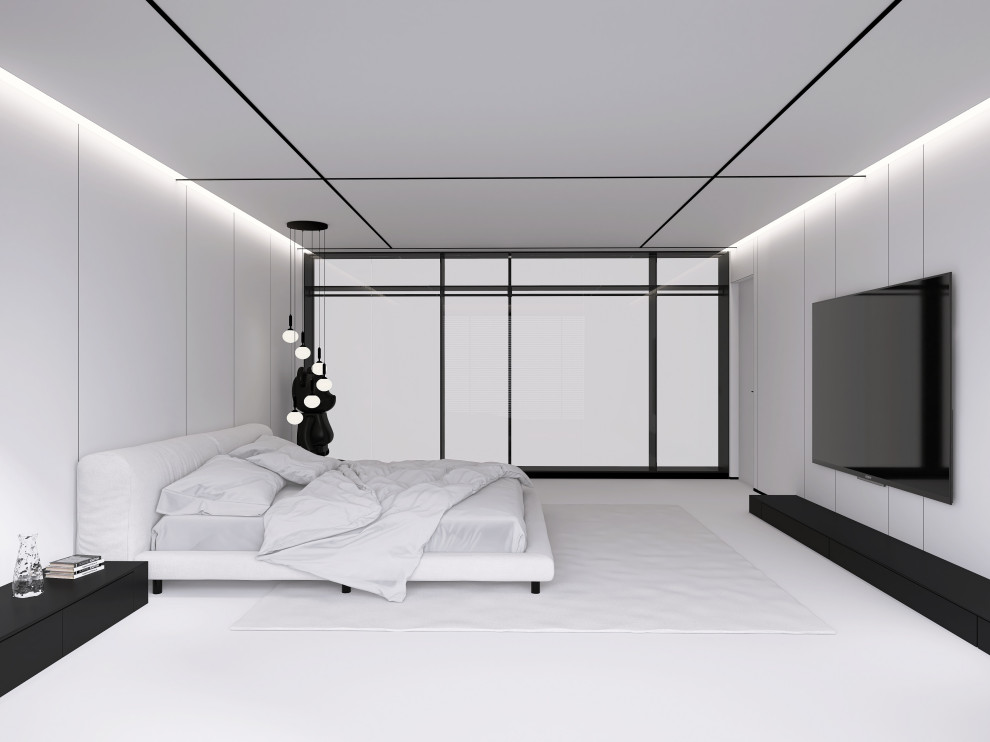 Белая спальня в стиле минимализм.  Основная чертами этой спальни это большая гар