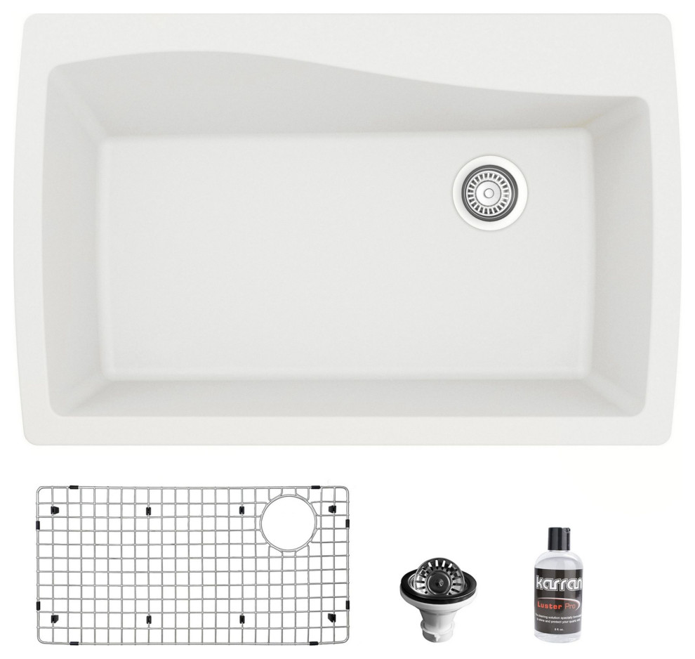 Karran Drop-In Quartz 34" 1-Hole Single Bowl Kitchen Sink Kit, White