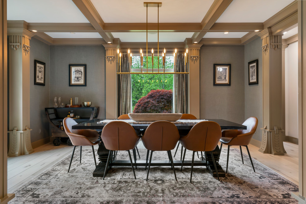 Photo of a large traditional separate dining room in Seattle with grey walls, vinyl floors, beige floor, coffered and wallpaper.